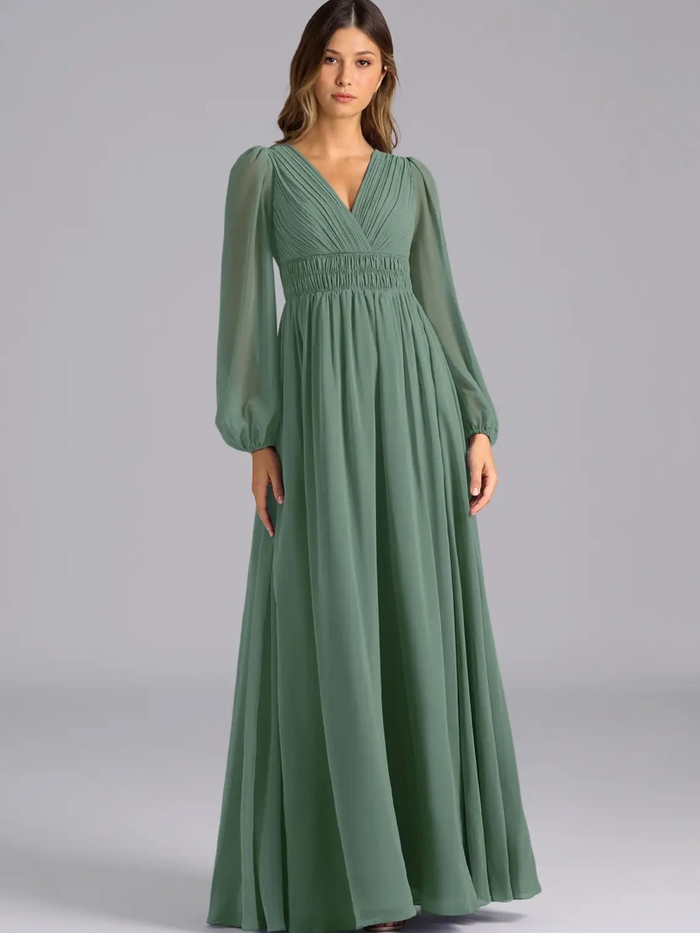 Elegant Eucalyptus Green V-Neck Maxi Dress with Smocked Waist from Azzazi.